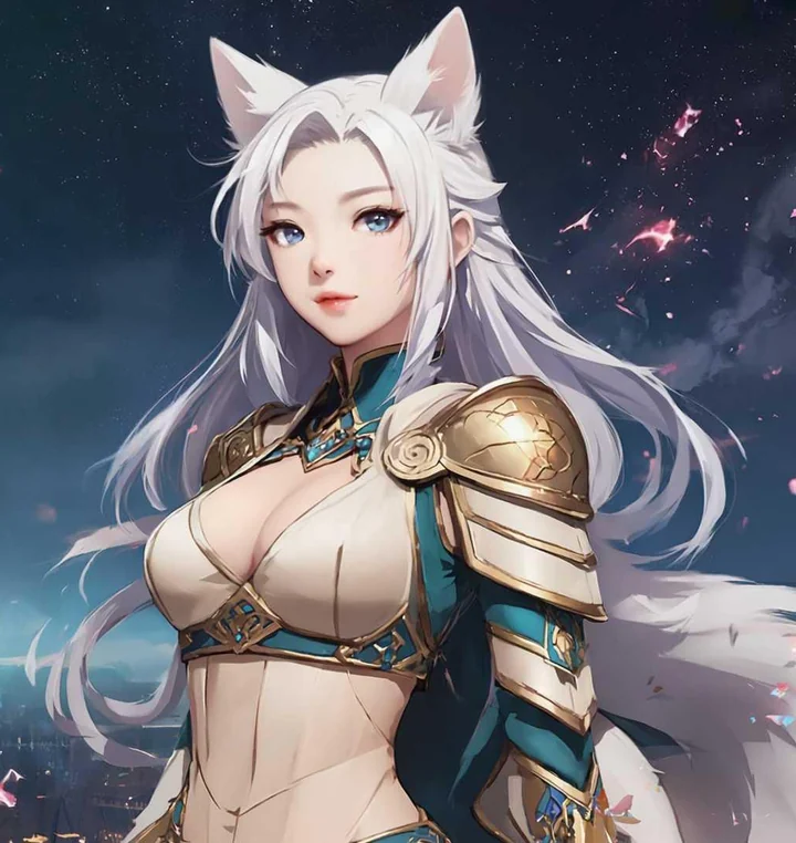 Anime concept portrait of a white-haired kitsune adventurer